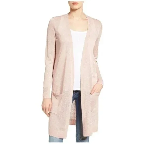 Halogen Long Linen Blend Open Long Sleeve Cardigan in Pink - Sz S - New - Picture 1 of 8